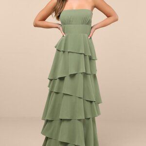 Lulus Gorgeous Essence Sage Strapless Tiered Maxi Dress Green - Size M